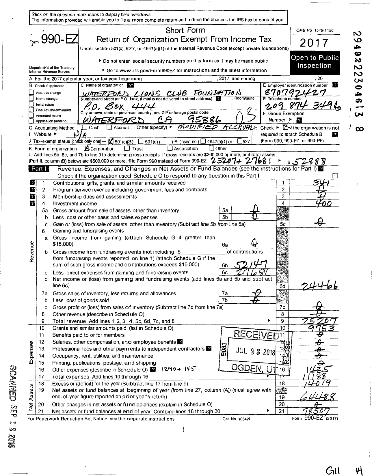 Image of first page of 2017 Form 990EZ for Waterford Lions Club Foundation