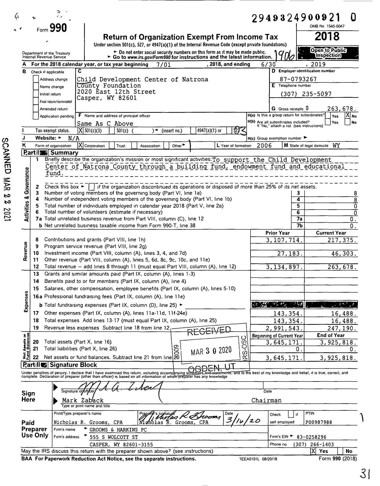 Image of first page of 2018 Form 990 for Child Development Center of Natrona County Foundation