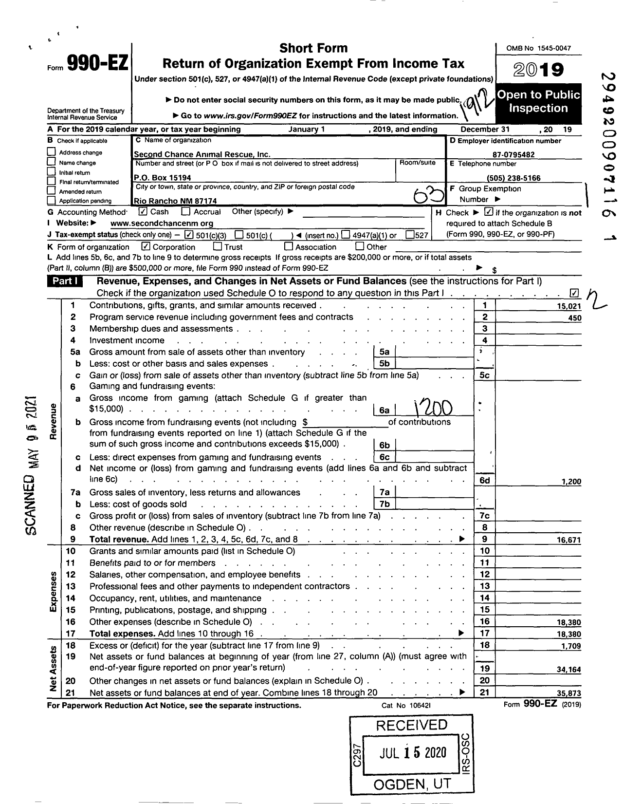 Image of first page of 2019 Form 990EZ for Second Chance Animal Rescue