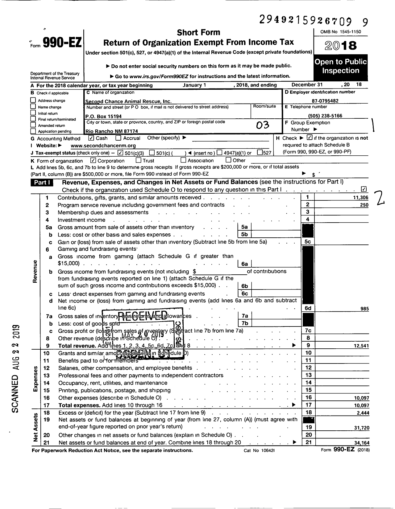 Image of first page of 2018 Form 990EZ for Second Chance Animal Rescue