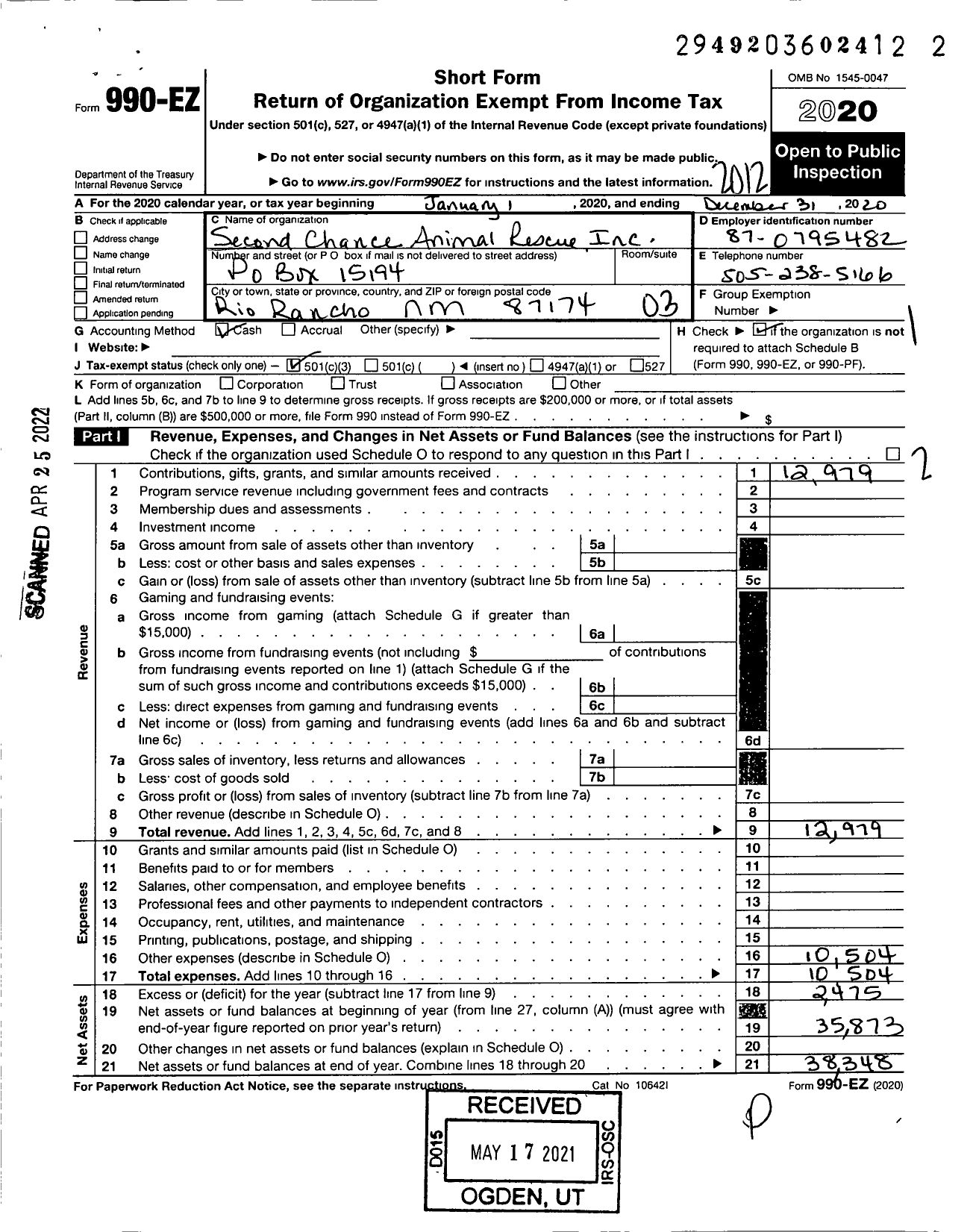 Image of first page of 2020 Form 990EZ for Second Chance Animal Rescue