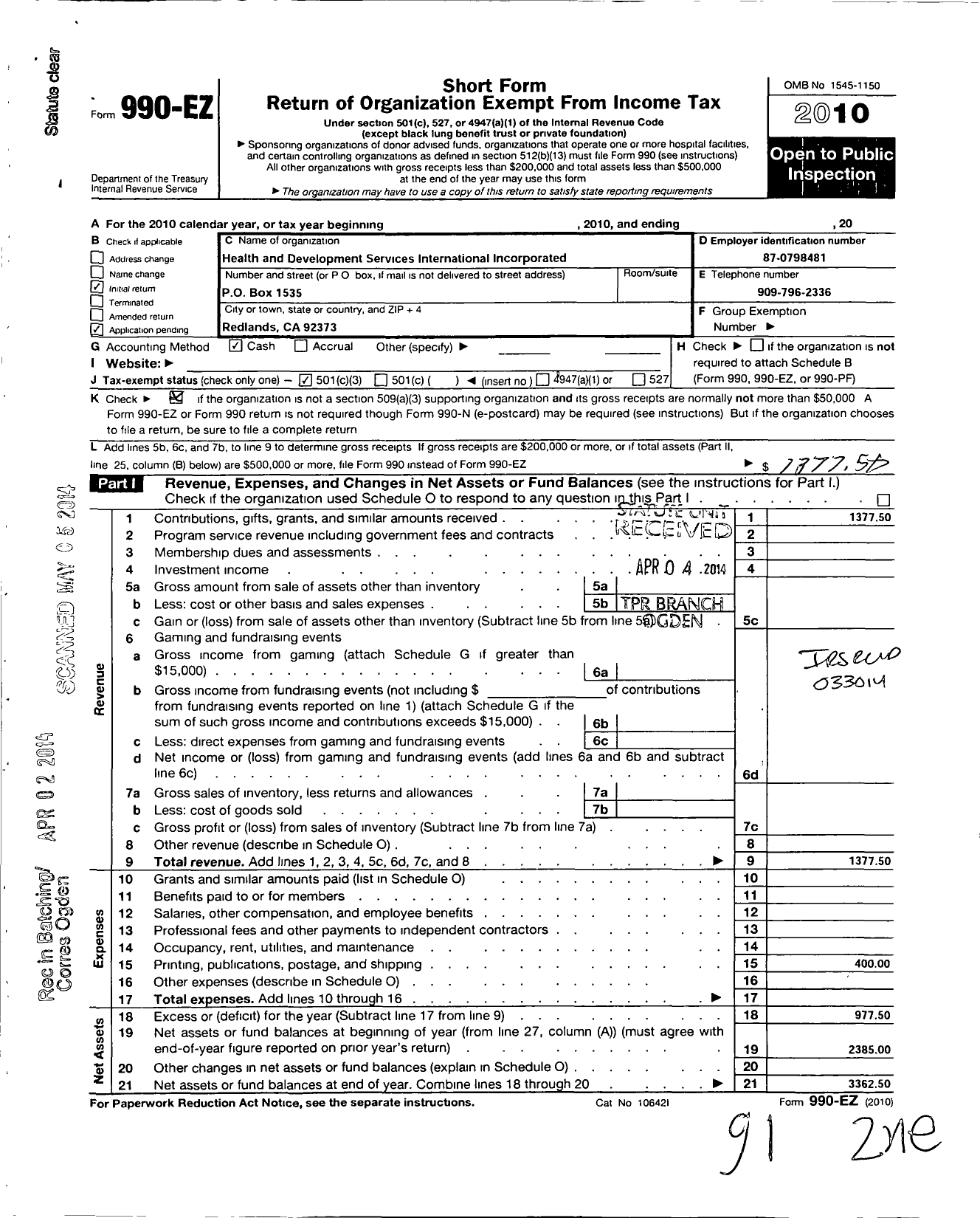 Image of first page of 2010 Form 990EZ for Health and Development Services International Incorporated