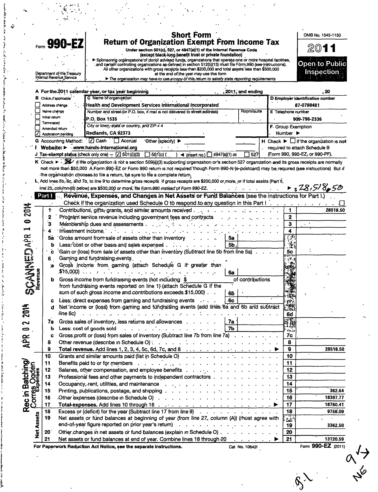 Image of first page of 2011 Form 990EZ for Health and Development Services International Incorporated