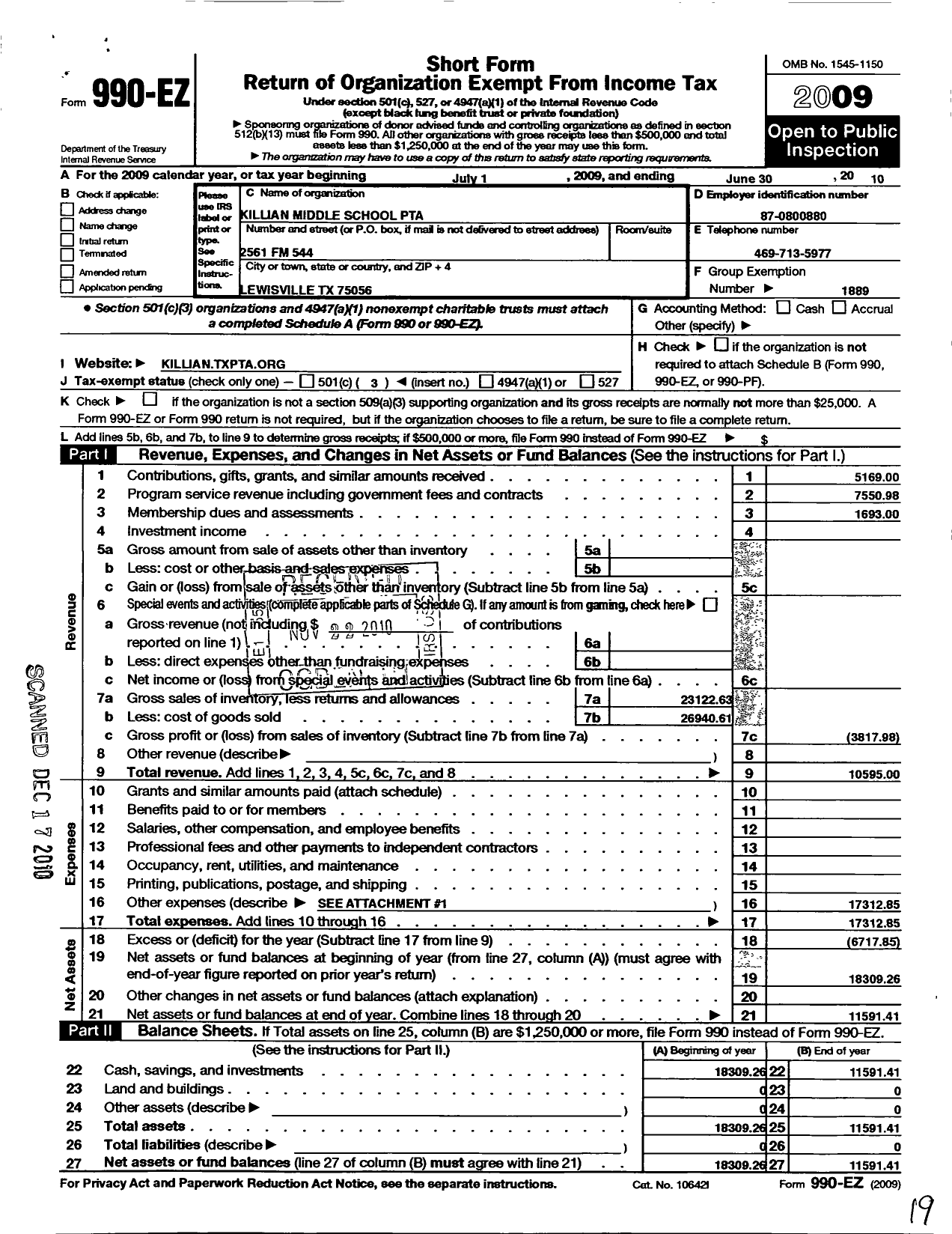 Image of first page of 2009 Form 990EZ for Texas PTA - 11759 Killian Middle School PTA