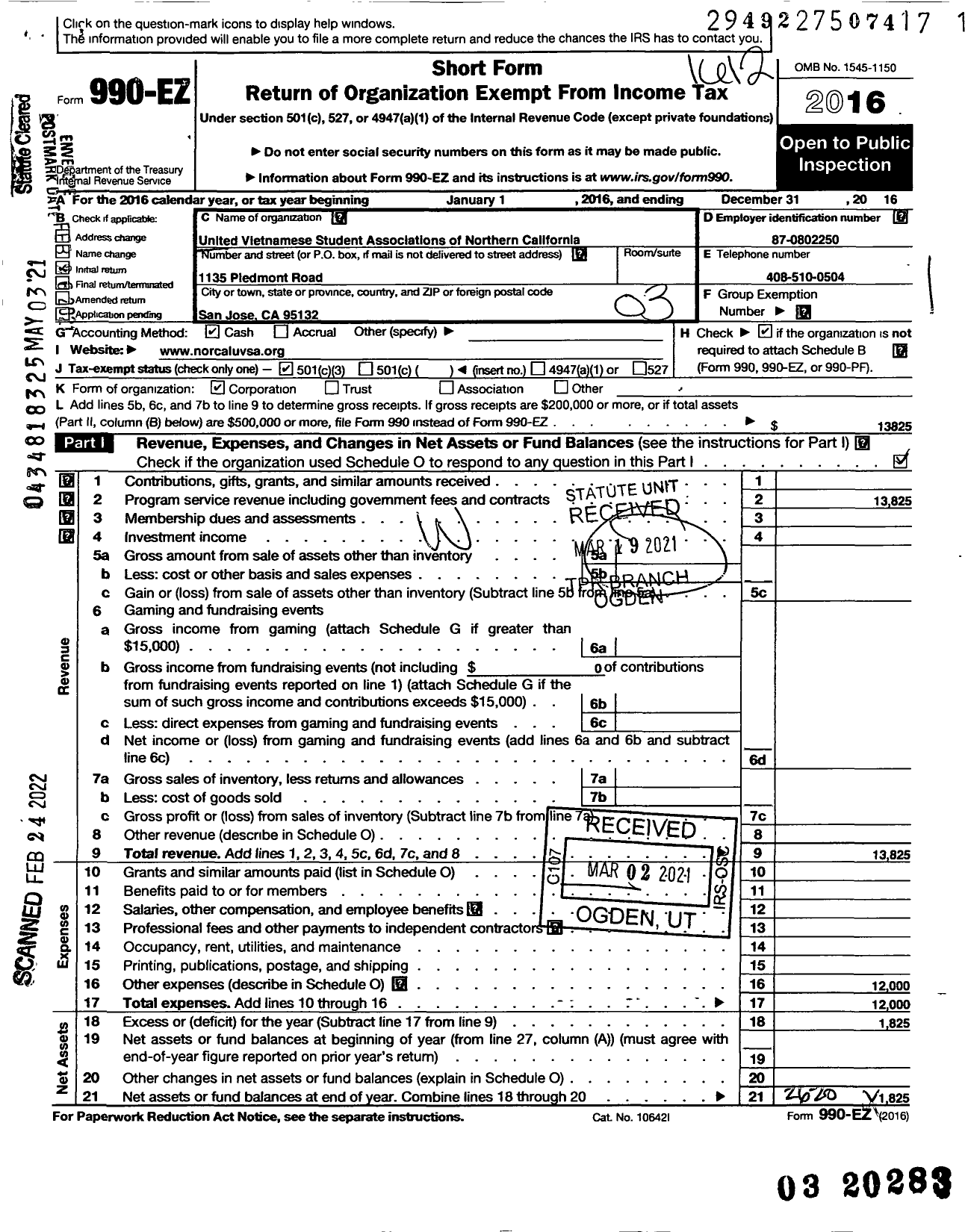 Image of first page of 2016 Form 990EZ for United Vietnamese Student Association of Northern California