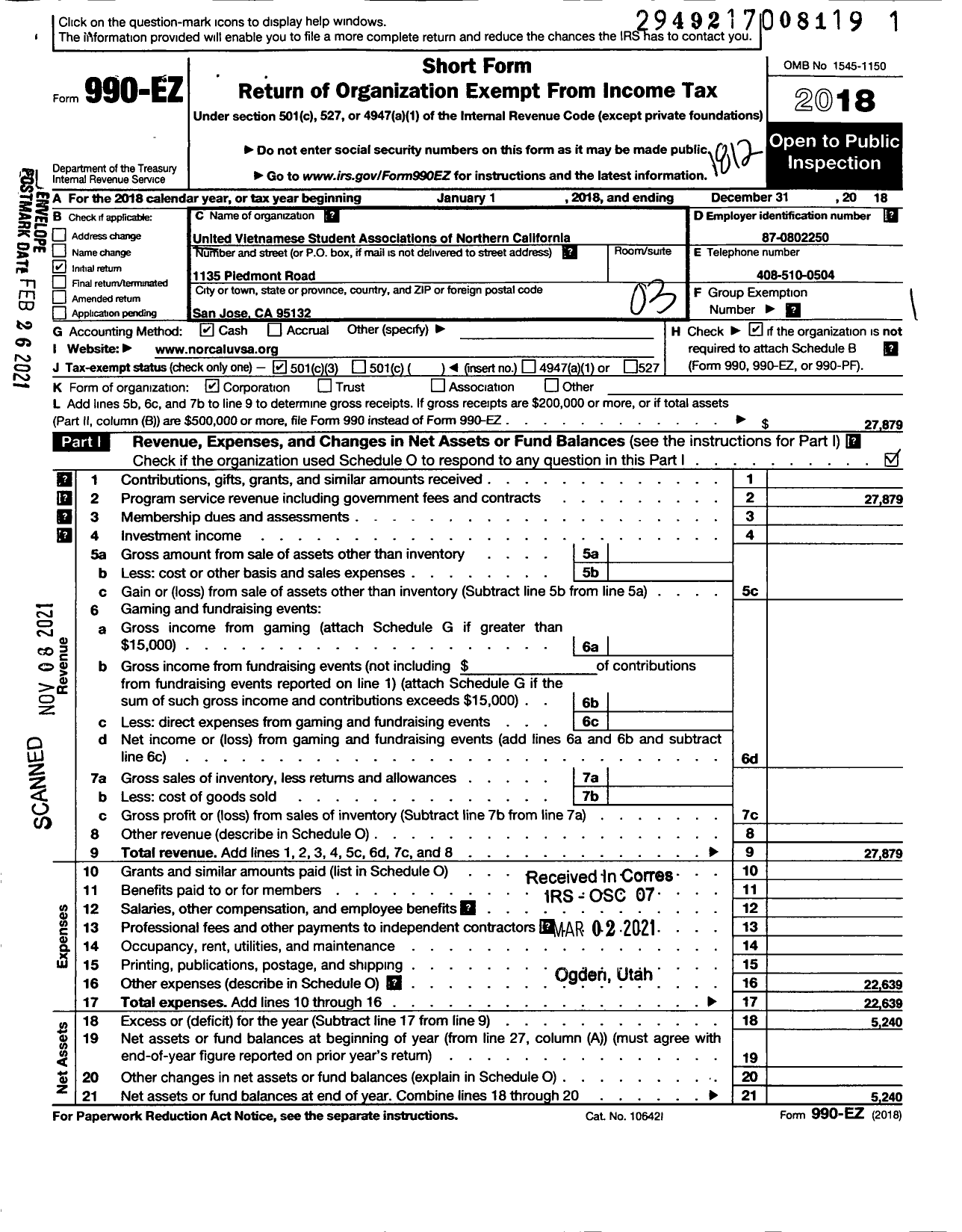 Image of first page of 2018 Form 990EZ for United Vietnamese Student Association of Northern California