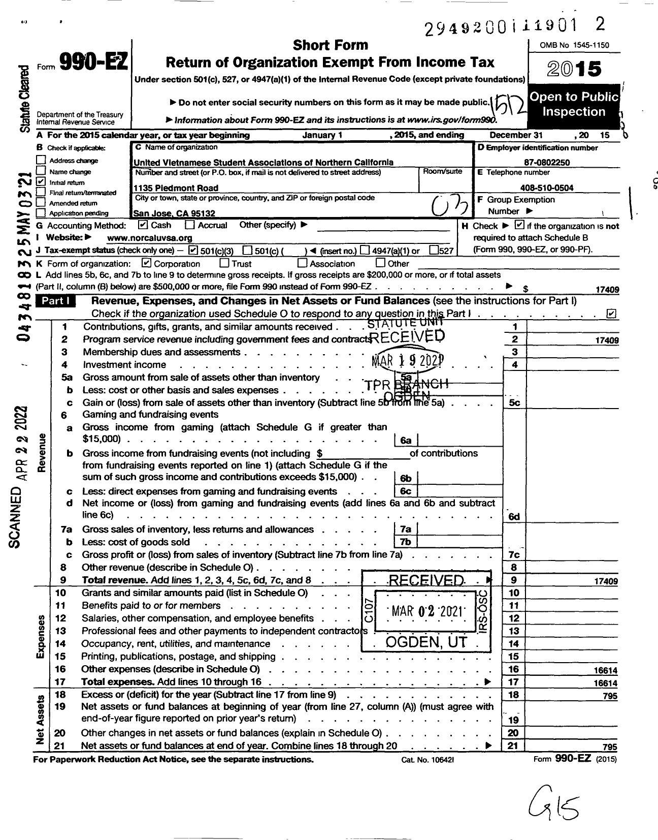 Image of first page of 2015 Form 990EZ for United Vietnamese Student Association of Northern California