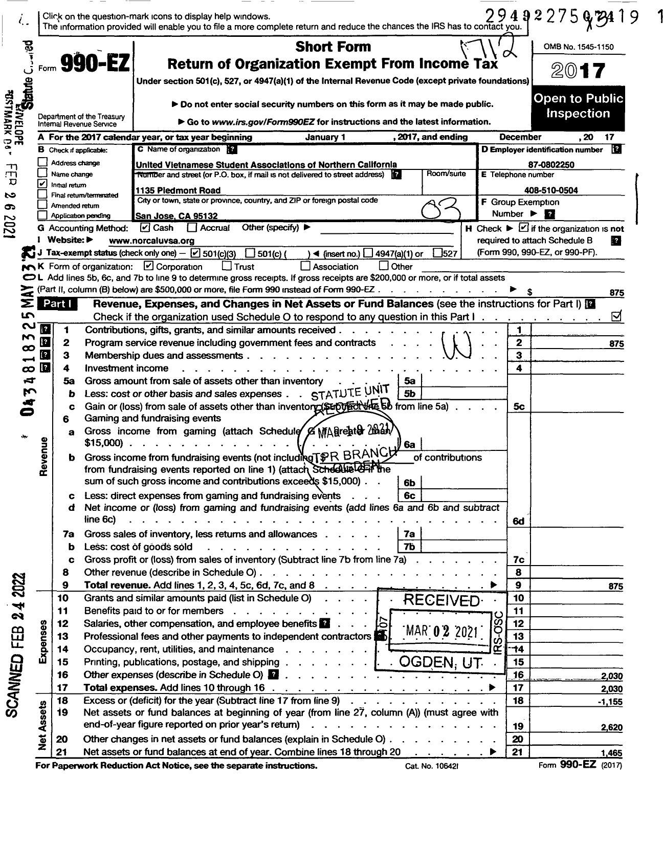 Image of first page of 2017 Form 990EZ for United Vietnamese Student Association of Northern California