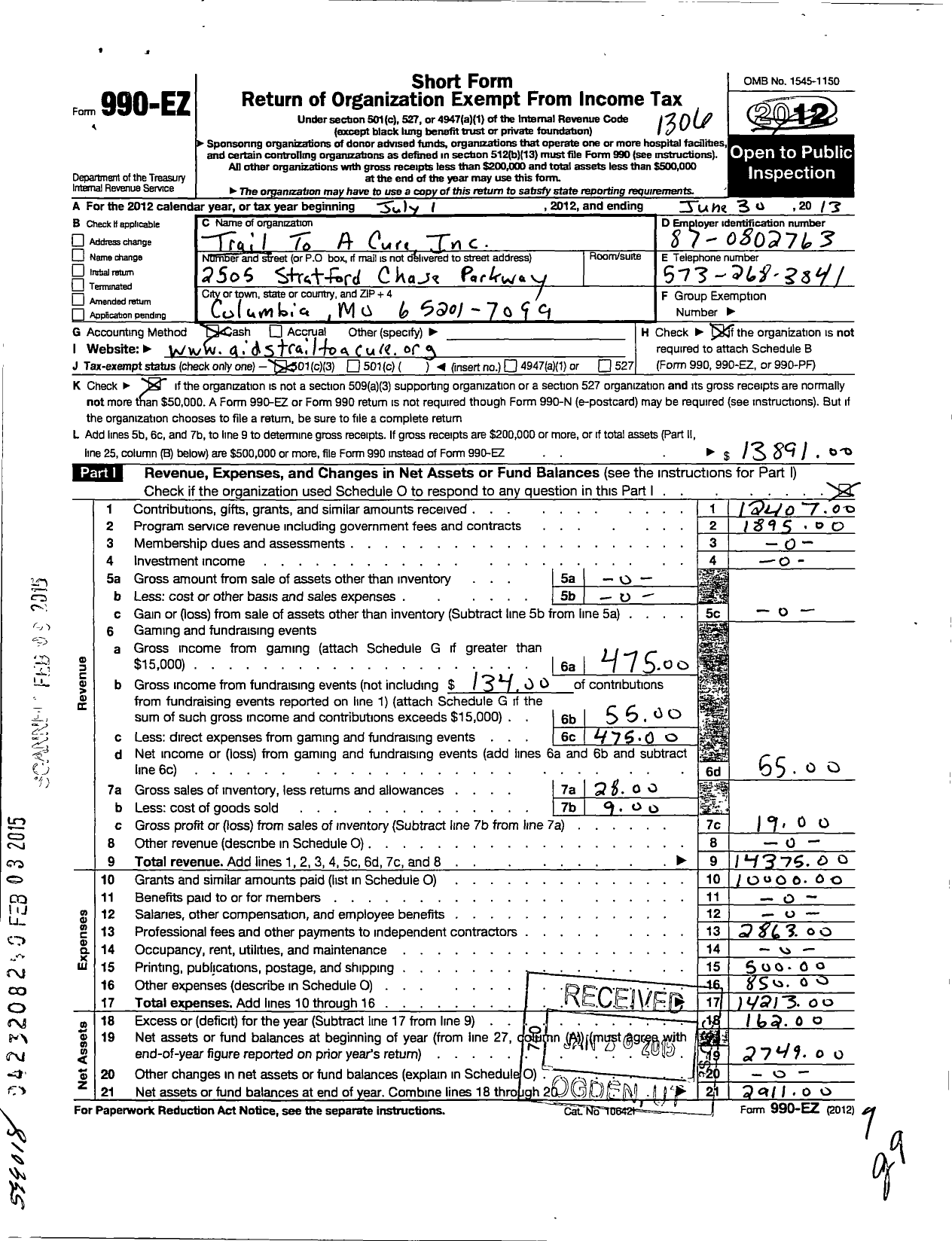 Image of first page of 2012 Form 990EZ for Trail To A Cure