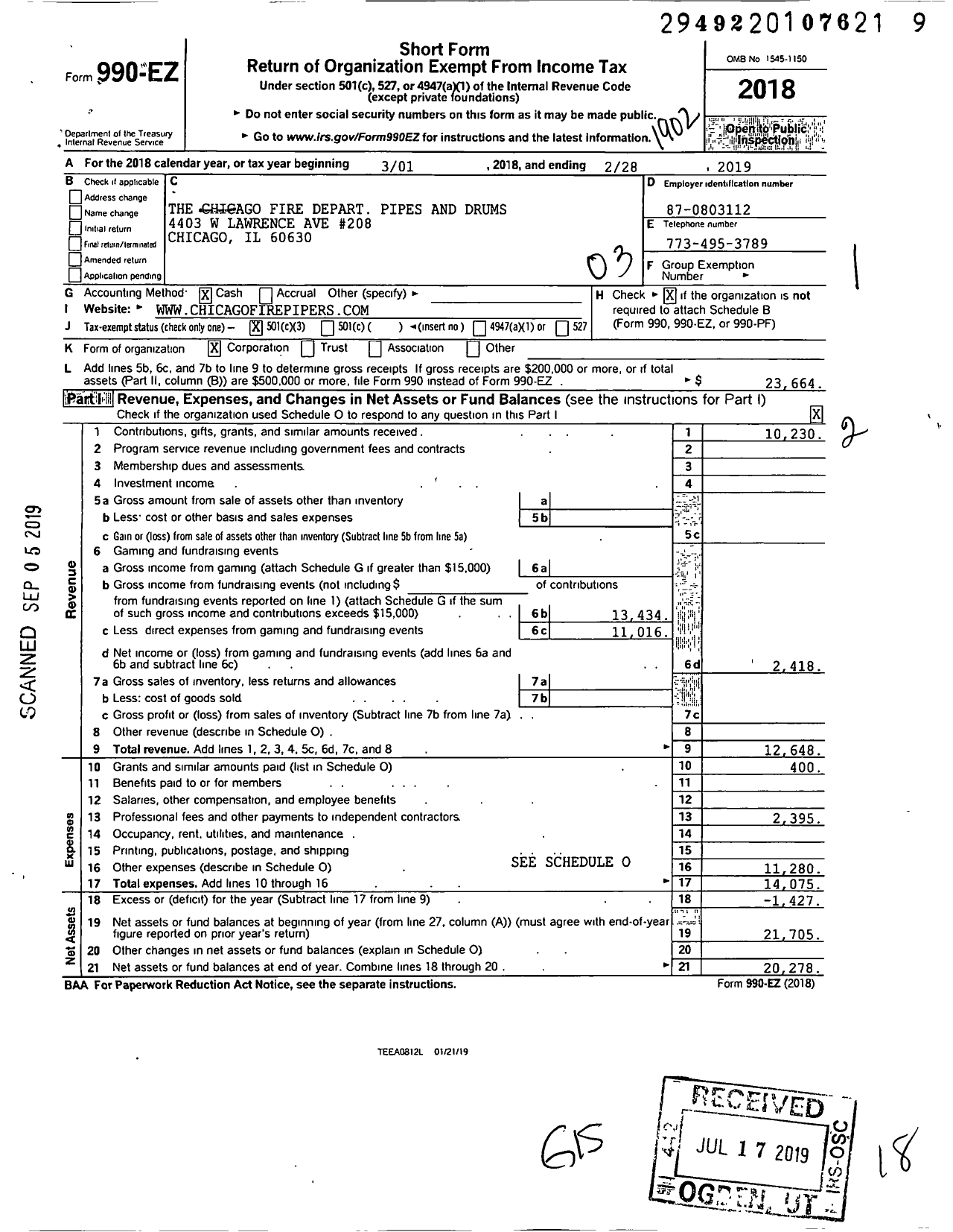 Image of first page of 2018 Form 990EZ for Chicago Fire Department Pipes and Drums