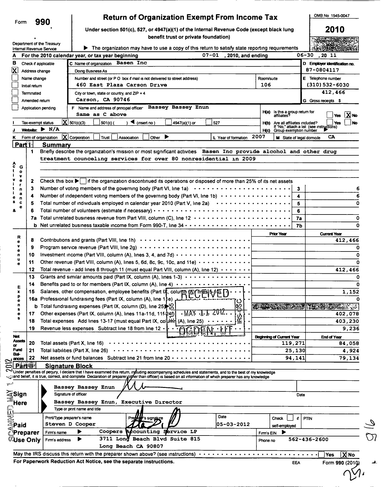 Image of first page of 2010 Form 990 for Basen