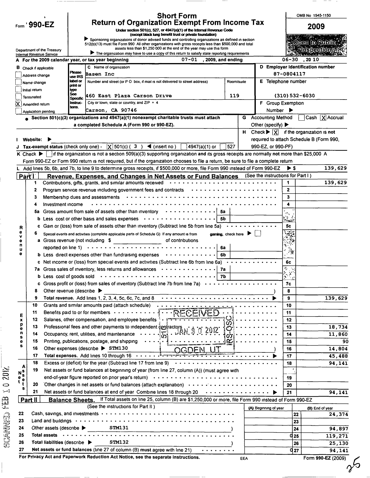 Image of first page of 2009 Form 990EZ for Basen