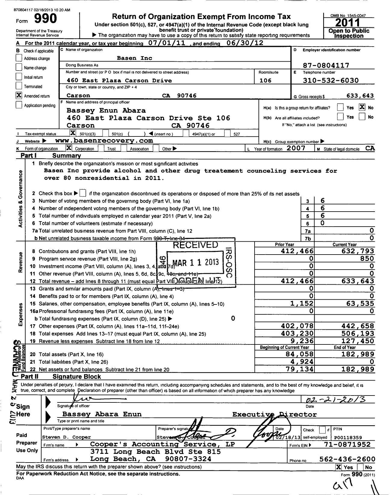 Image of first page of 2011 Form 990 for Basen