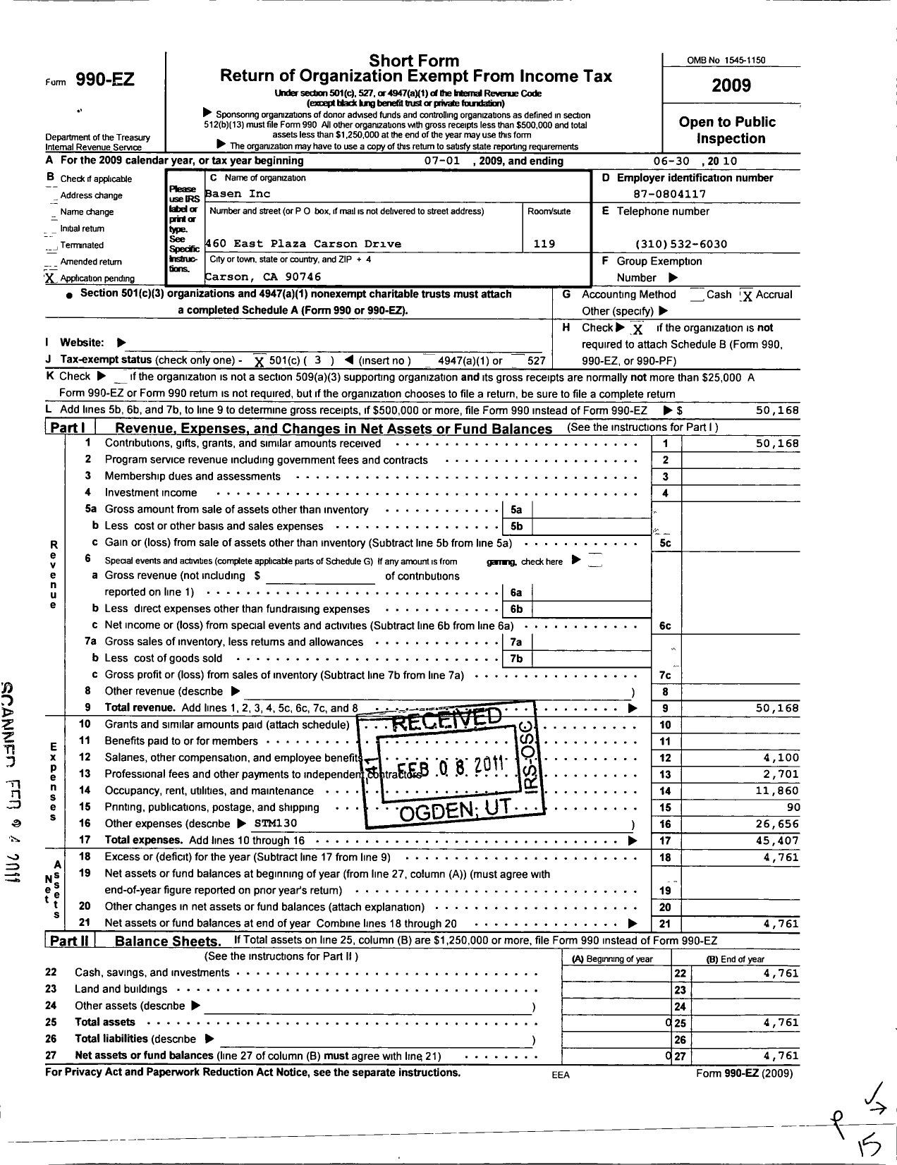 Image of first page of 2009 Form 990EZ for Basen