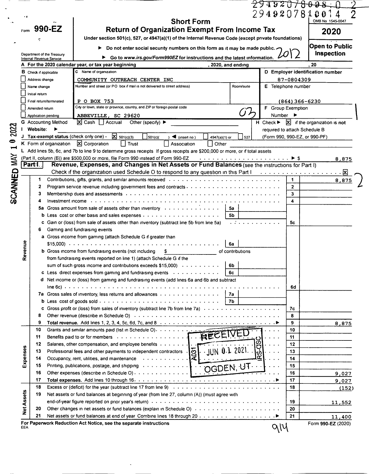 Image of first page of 2020 Form 990EZ for Community Outreach Center