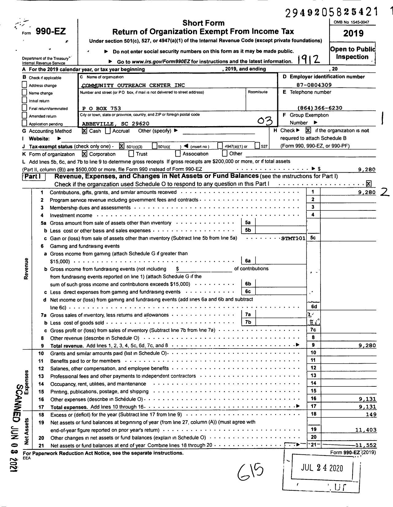 Image of first page of 2019 Form 990EZ for Community Outreach Center