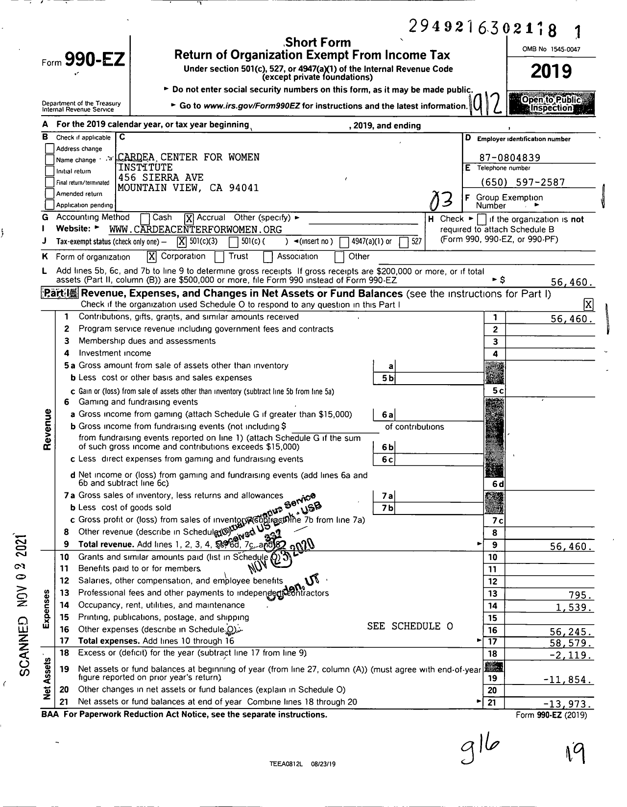 Image of first page of 2019 Form 990EZ for Cardea Center for Women Institute