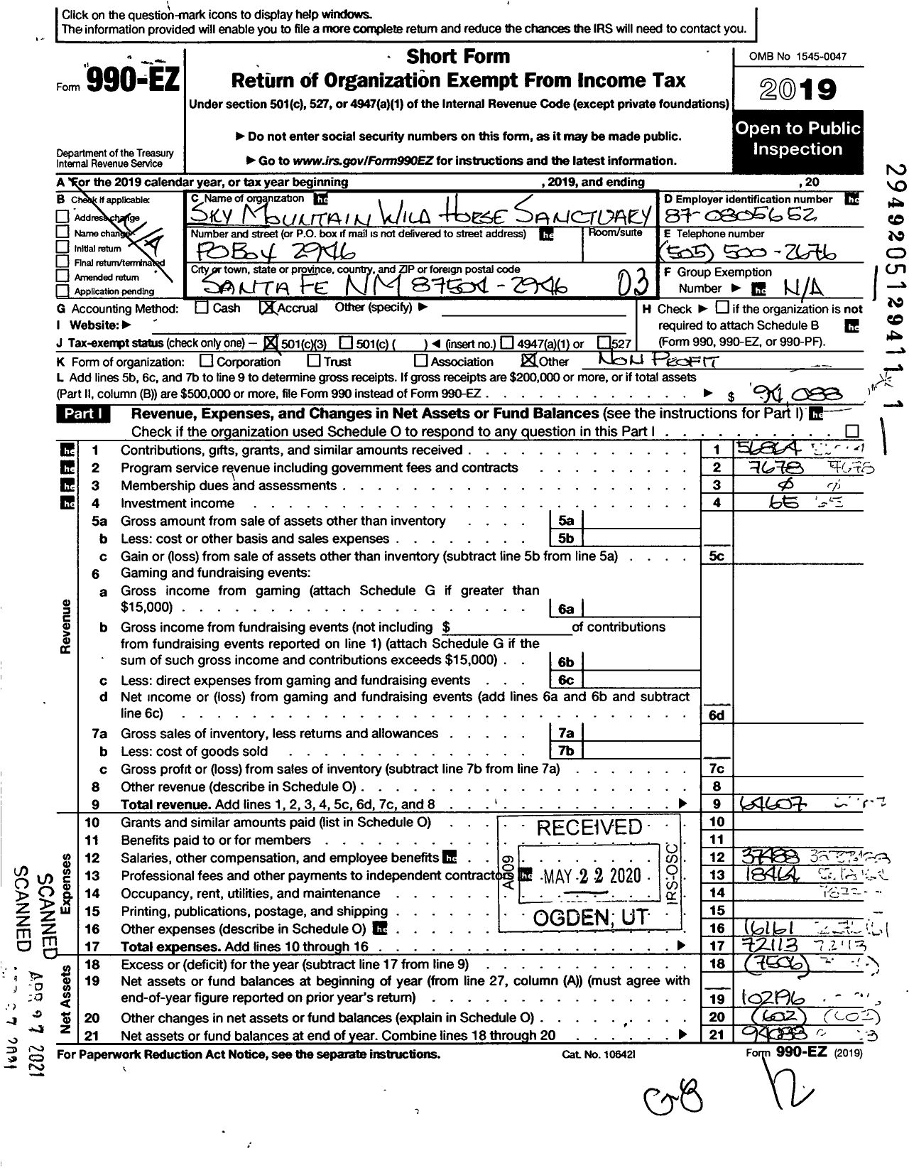 Image of first page of 2019 Form 990EZ for Sky Mountain Wild Horse Santuary