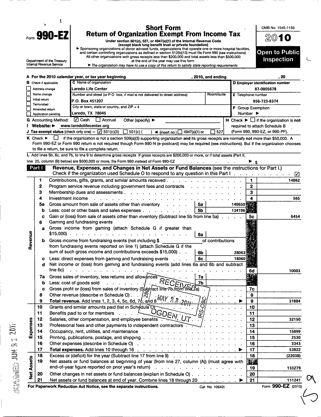 Image of first page of 2010 Form 990EZ for Laredo Life Center