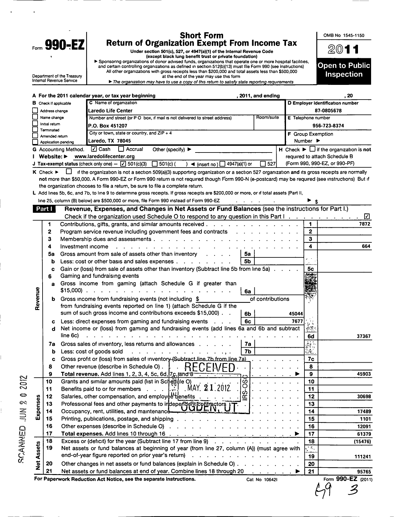 Image of first page of 2011 Form 990EZ for Laredo Life Center