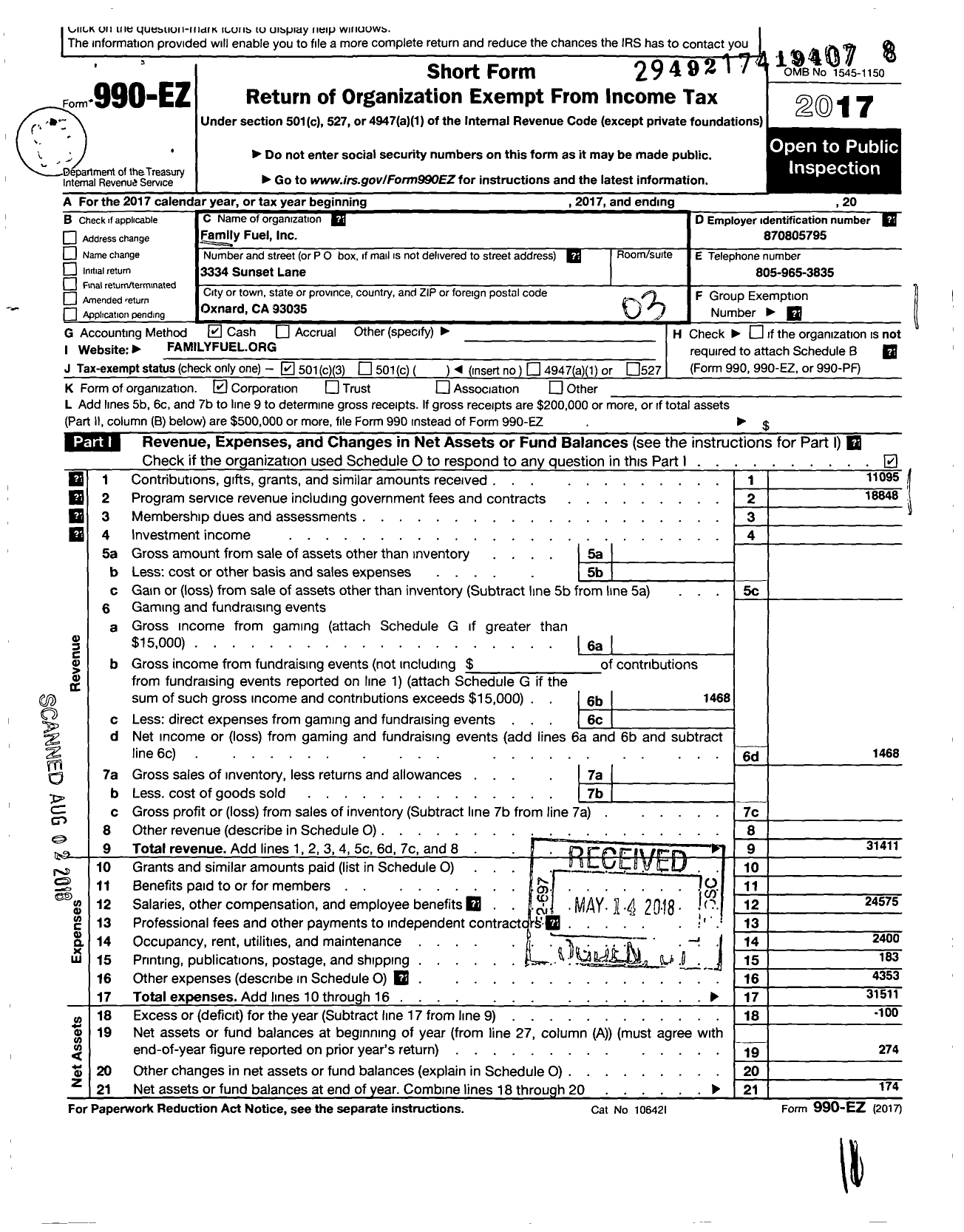 Image of first page of 2017 Form 990EZ for Family Fuel