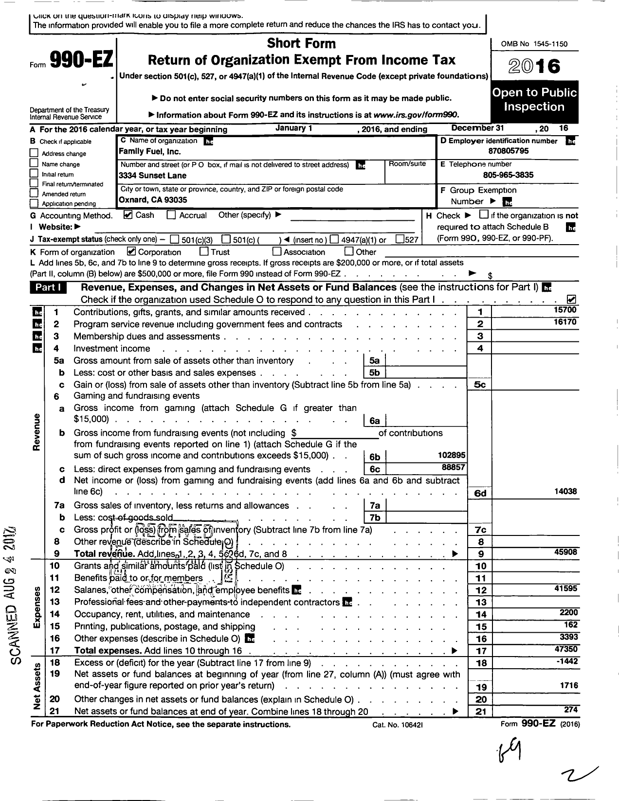 Image of first page of 2016 Form 990EO for Family Fuel