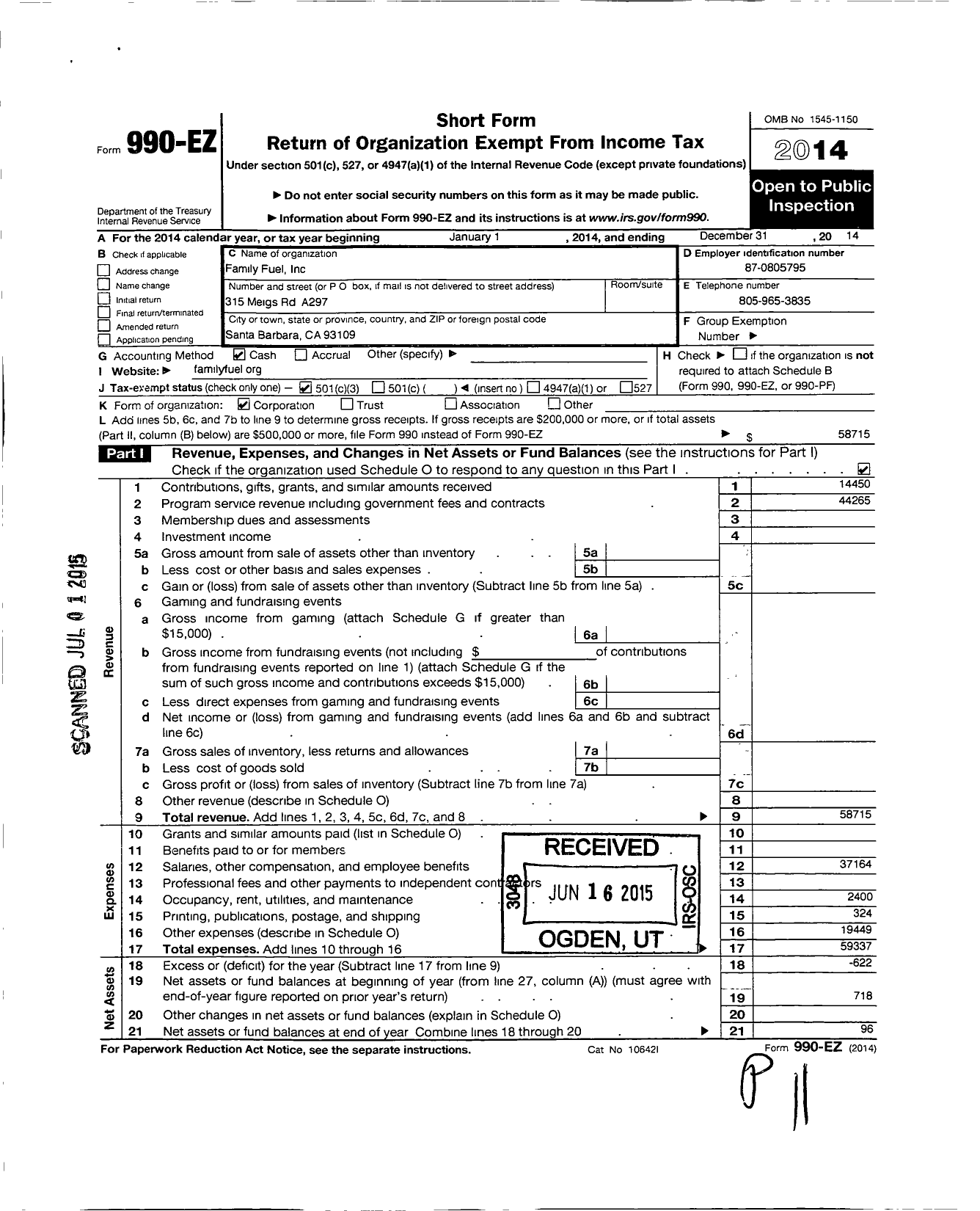 Image of first page of 2014 Form 990EZ for Family Fuel