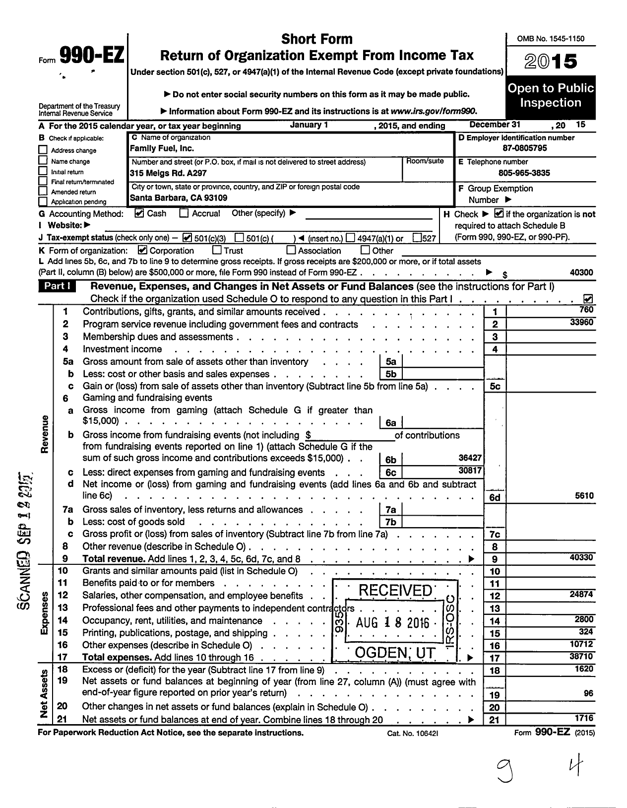 Image of first page of 2015 Form 990EZ for Family Fuel