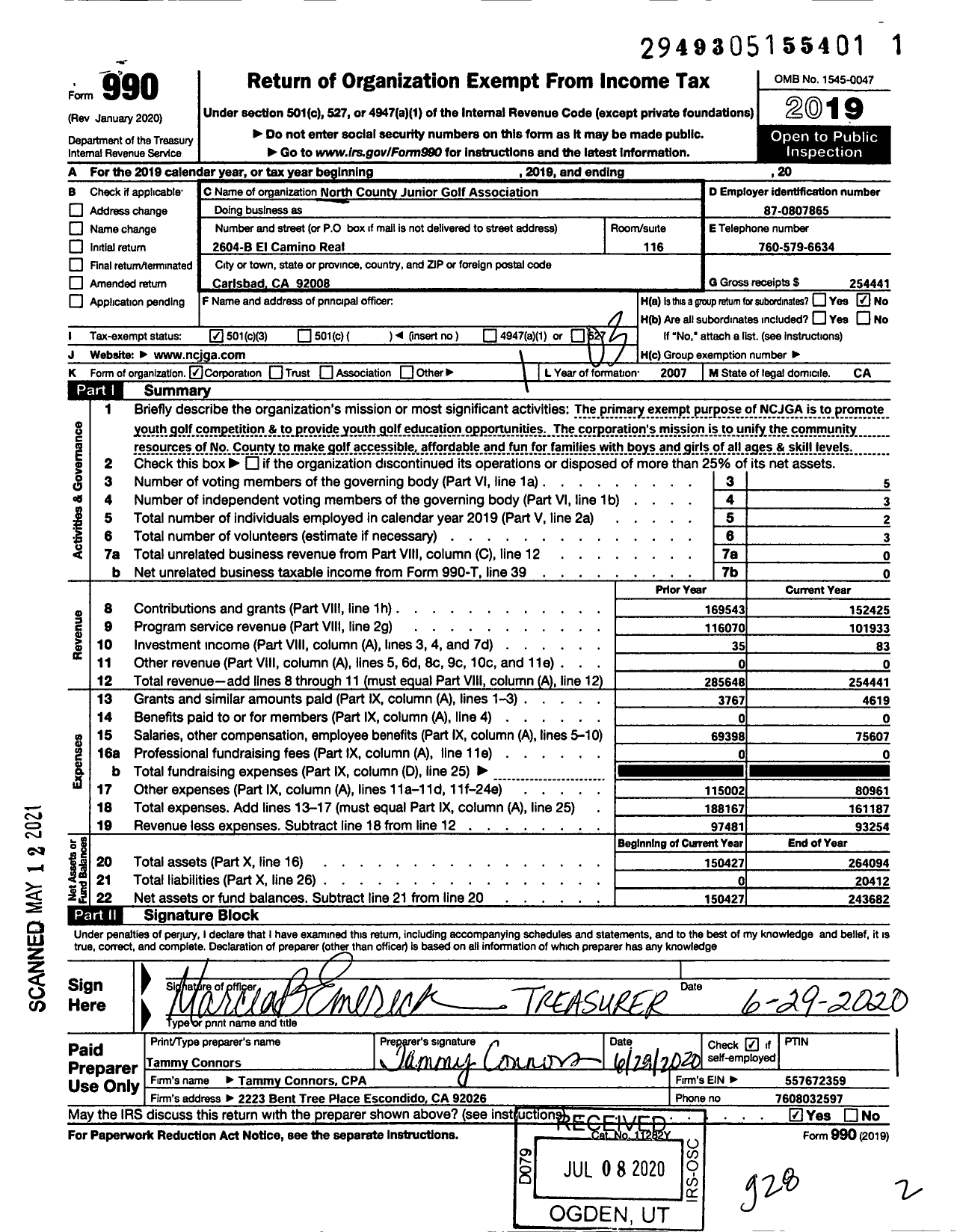 Image of first page of 2019 Form 990 for North County Junior Golf Association