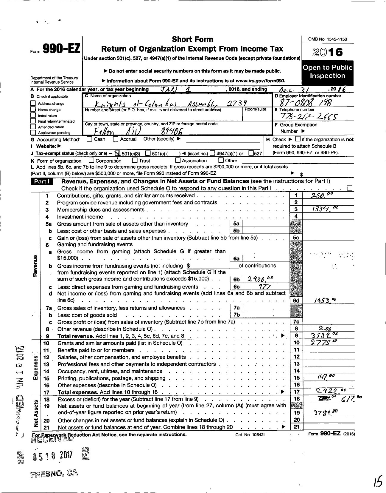 Image of first page of 2016 Form 990EZ for Knights of Columbus Father Sauveur Dominque Tambourin Assembly 2739