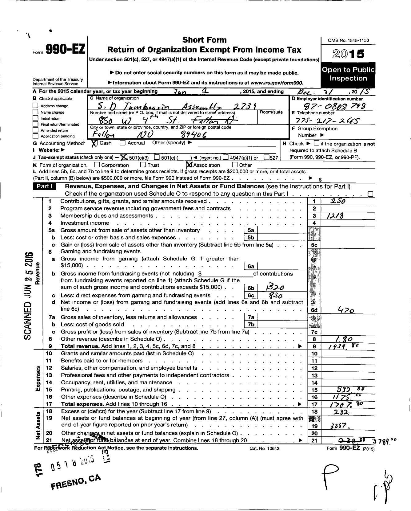 Image of first page of 2015 Form 990EZ for Knights of Columbus Father Sauveur Dominque Tambourin Assembly 2739