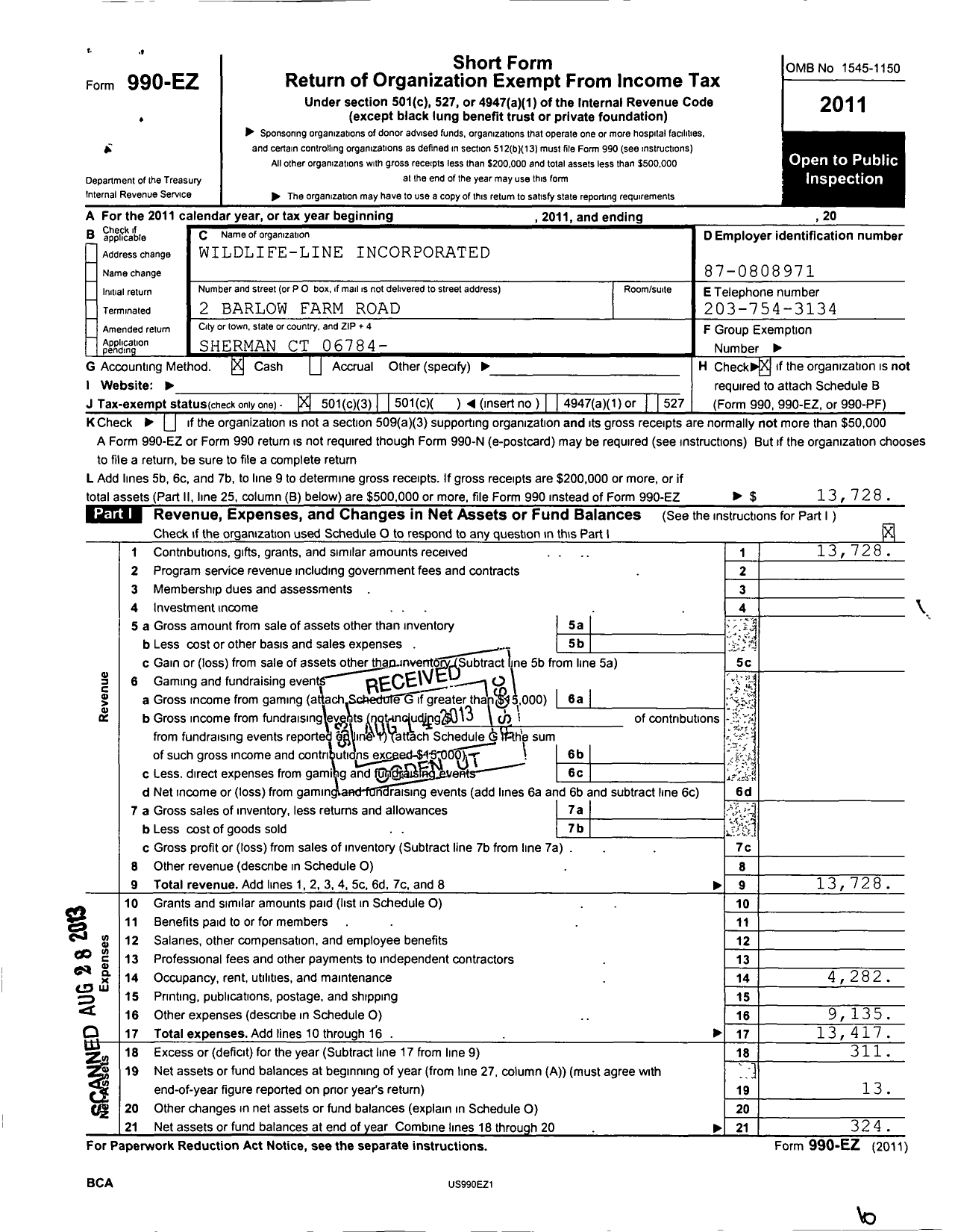 Image of first page of 2011 Form 990EZ for The Wildlife Line