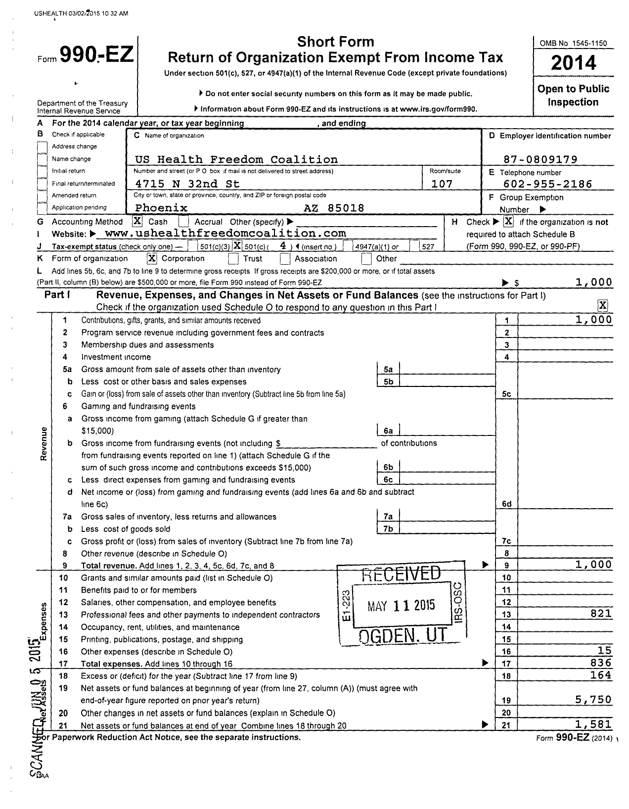 Image of first page of 2014 Form 990EO for Us Health Freedom Coalition