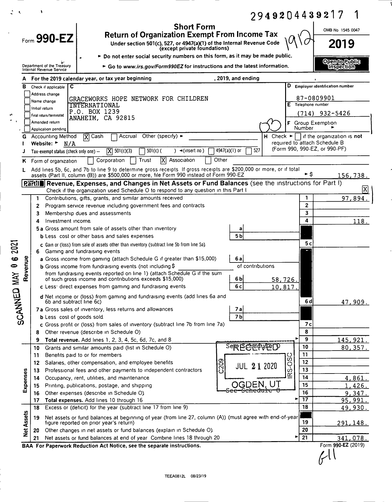 Image of first page of 2019 Form 990EZ for Graceworks Hope Network for Children International