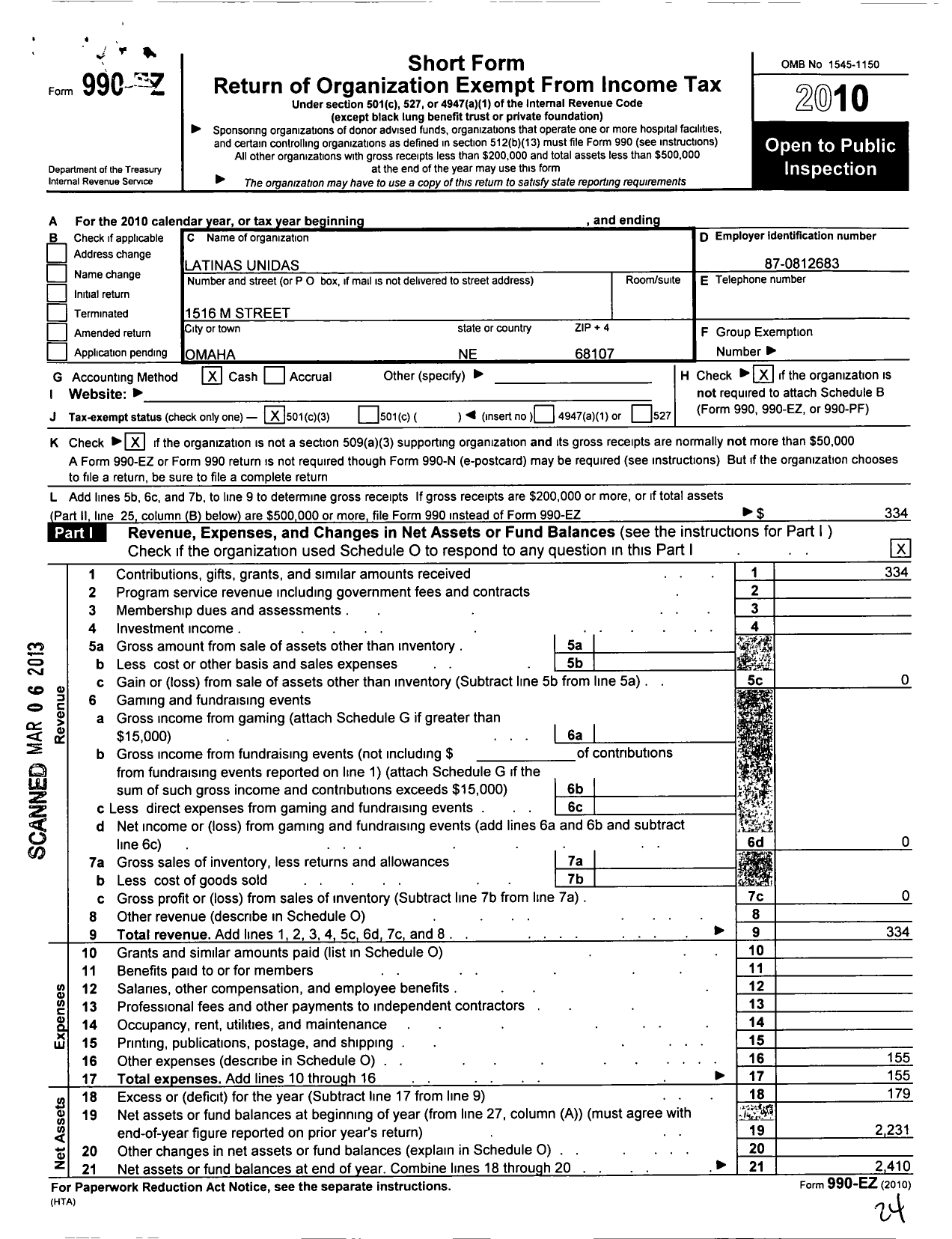 Image of first page of 2010 Form 990EZ for Latinas Unidas