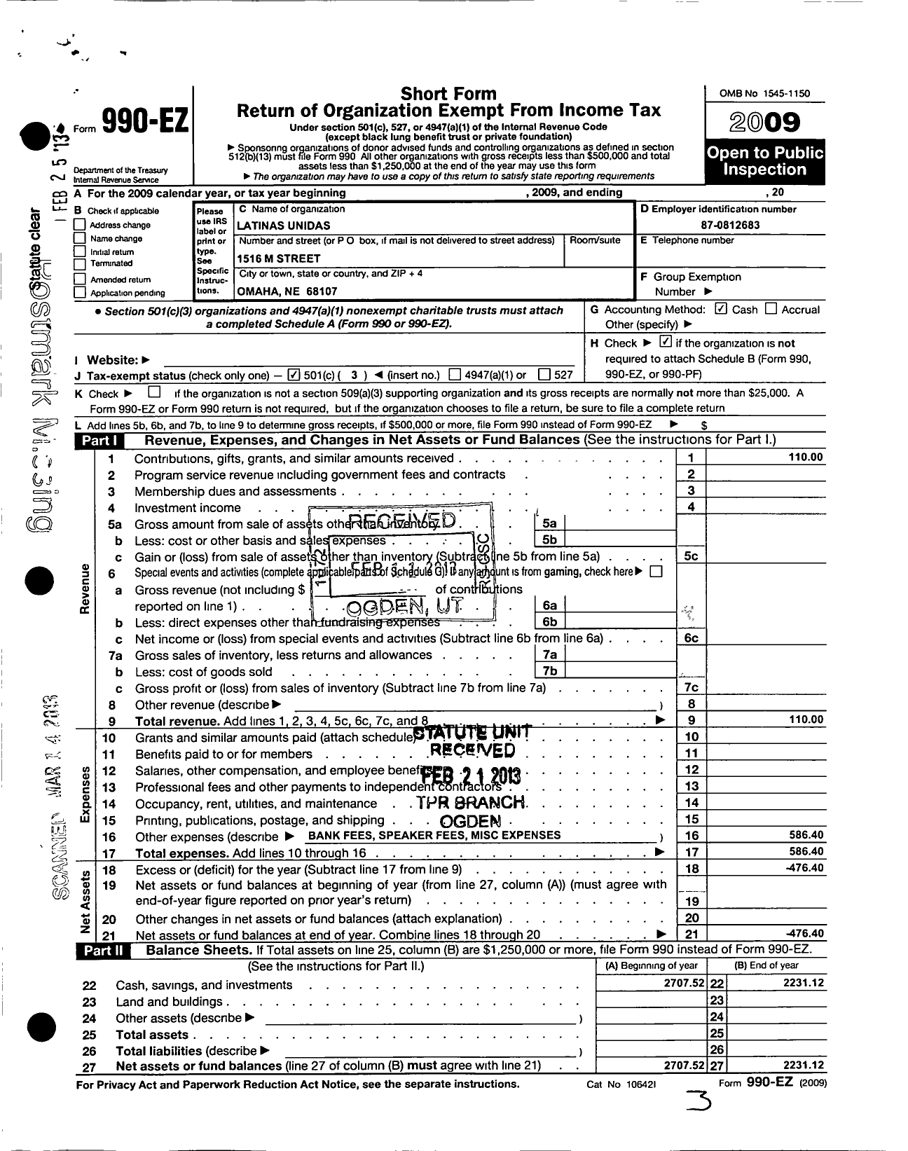 Image of first page of 2009 Form 990EZ for Latinas Unidas