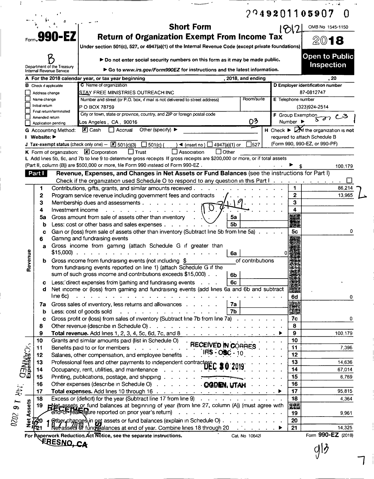 Image of first page of 2018 Form 990EZ for Stay Free Ministries