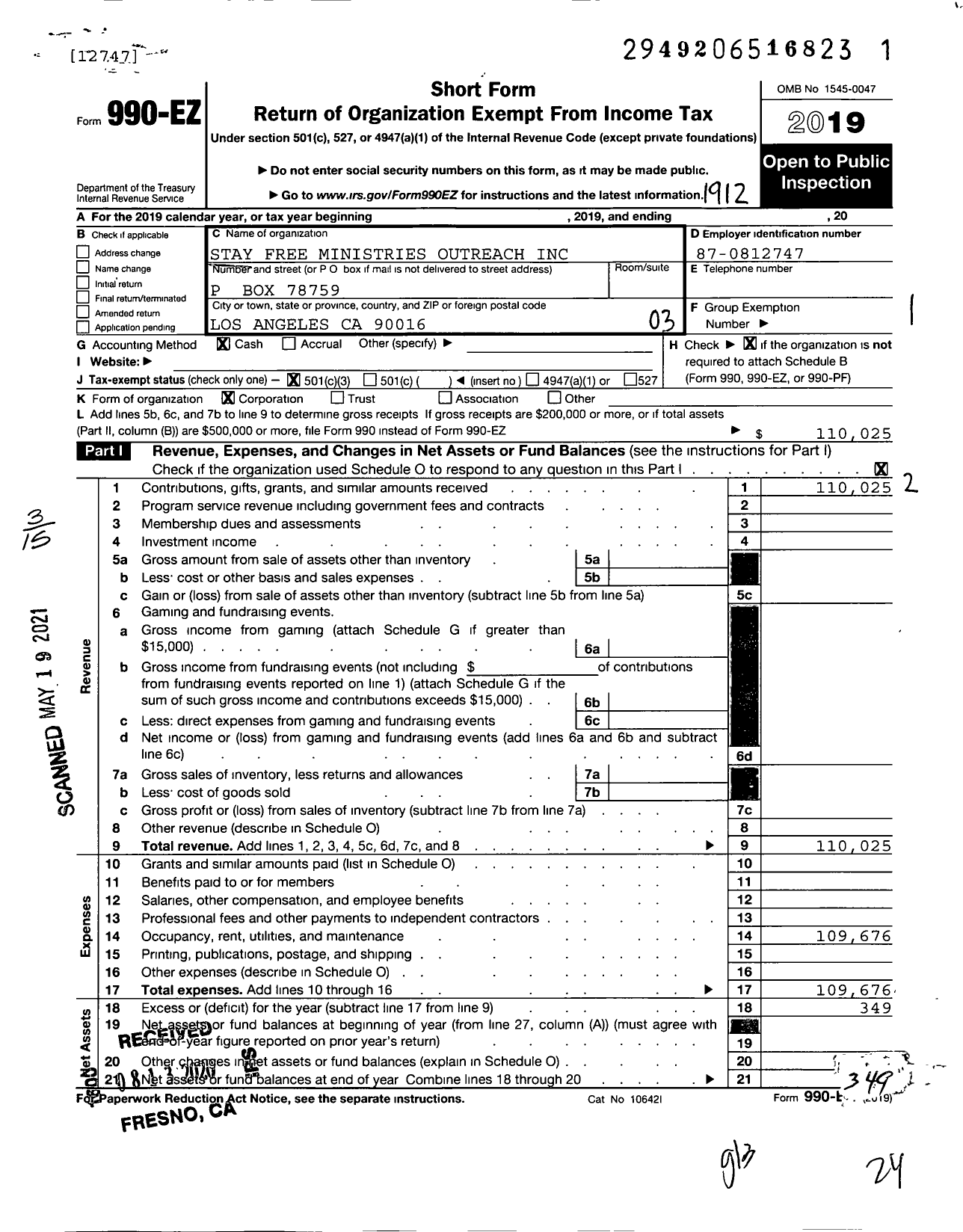 Image of first page of 2019 Form 990EZ for Stay Free Ministries