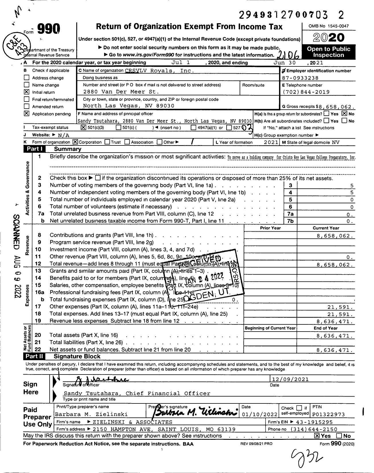 Image of first page of 2020 Form 990 for CRSVLV Royals