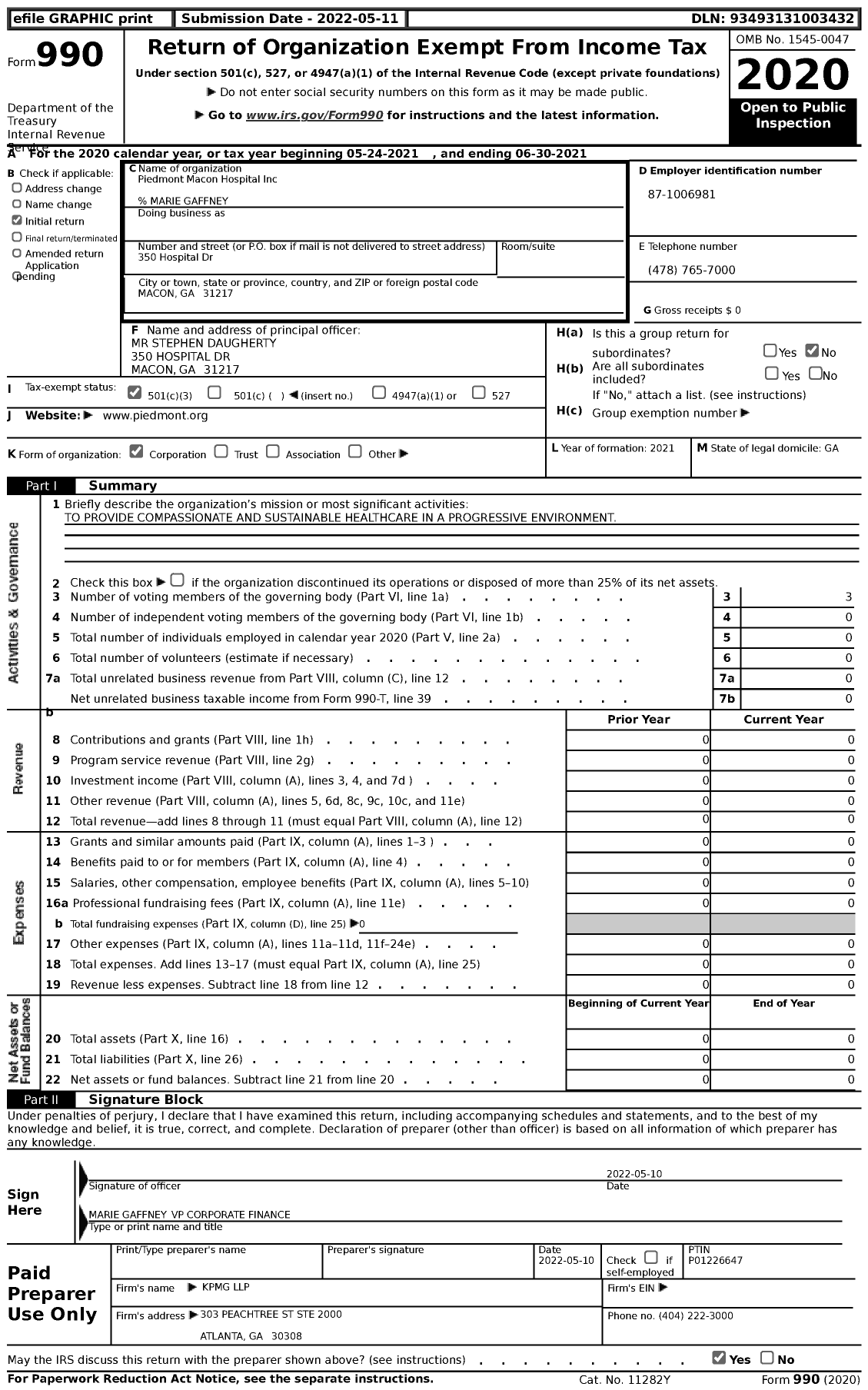 Image of first page of 2020 Form 990 for Piedmont Macon Hospital