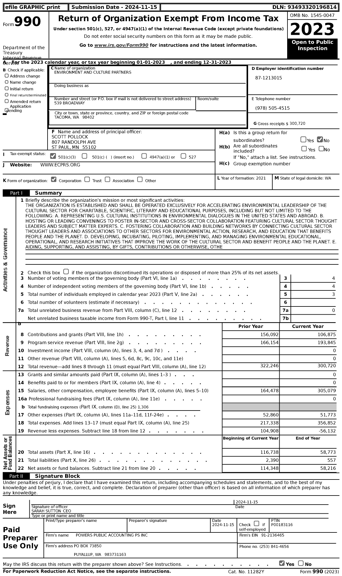 Image of first page of 2023 Form 990 for Environment and Culture Partners