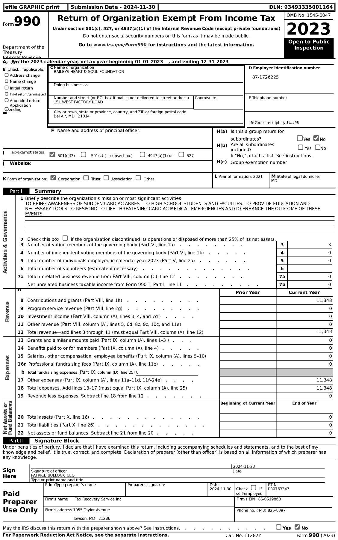 Image of first page of 2023 Form 990 for Baileys Heart and Soul Foundation