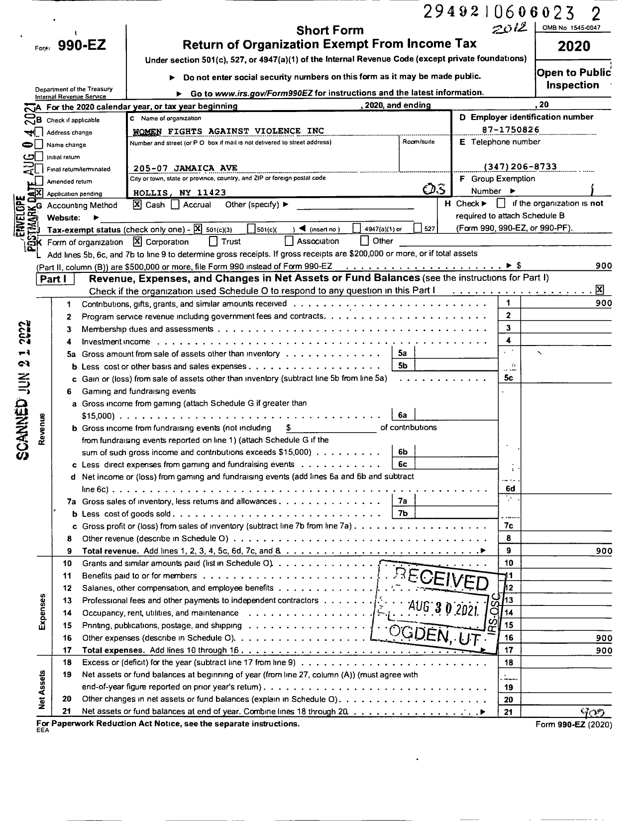 Image of first page of 2020 Form 990EZ for Women Fights Against Violence