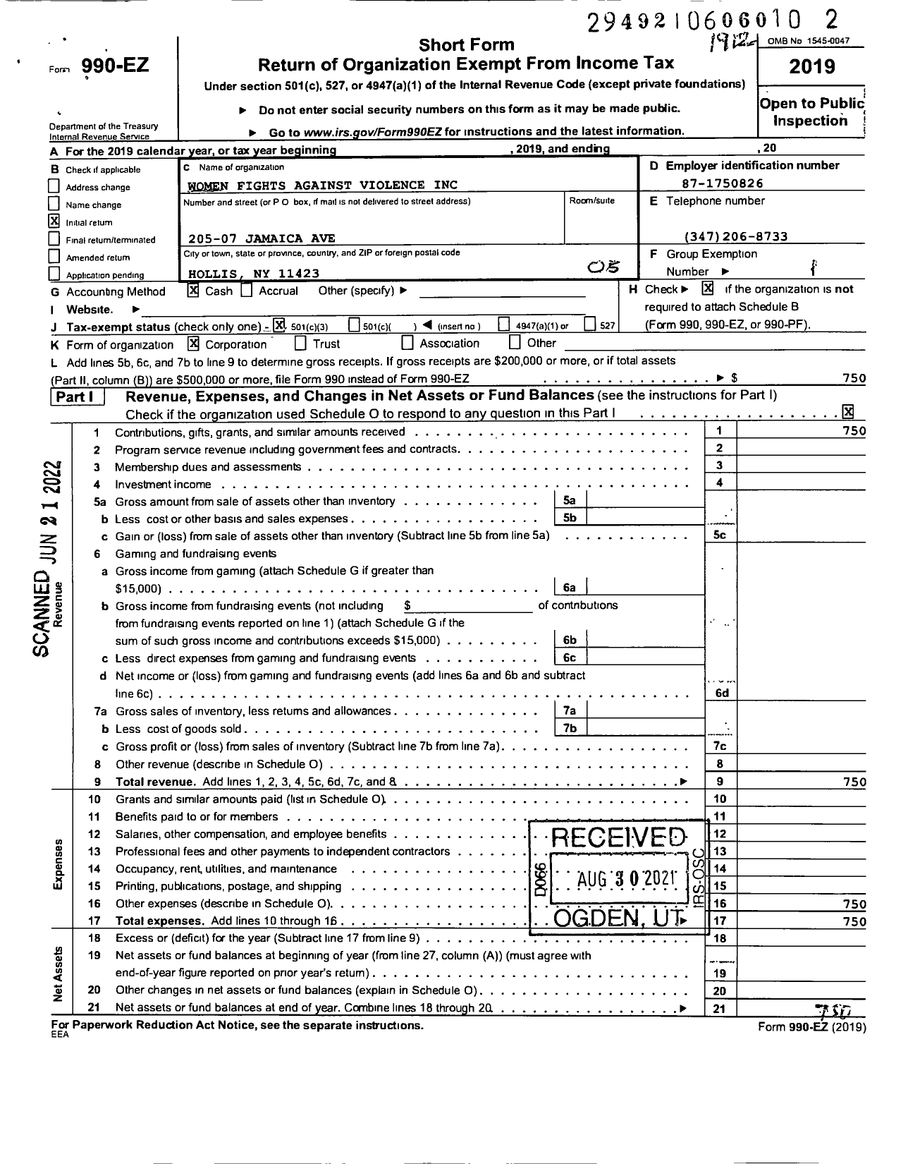 Image of first page of 2019 Form 990EZ for Women Fights Against Violence