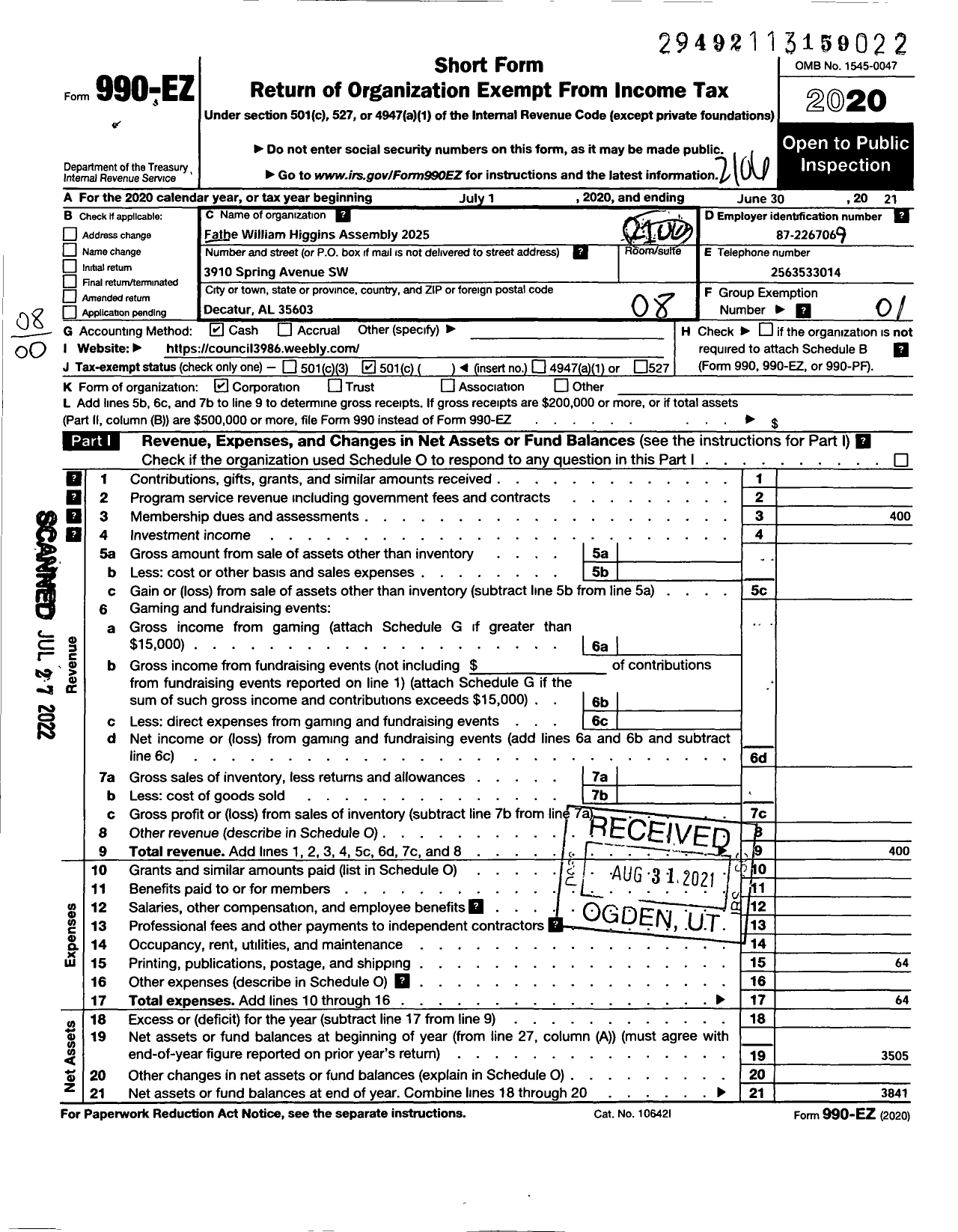 Image of first page of 2020 Form 990EO for Knights of Columbus - 2025 Father William Higgins Assembl