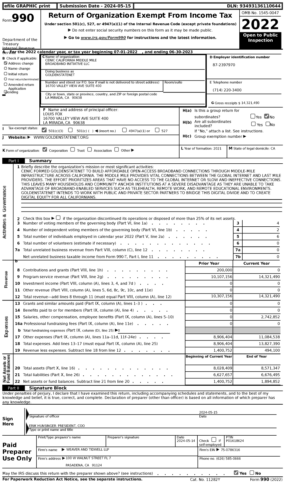 Image of first page of 2022 Form 990 for Goldenstatenet