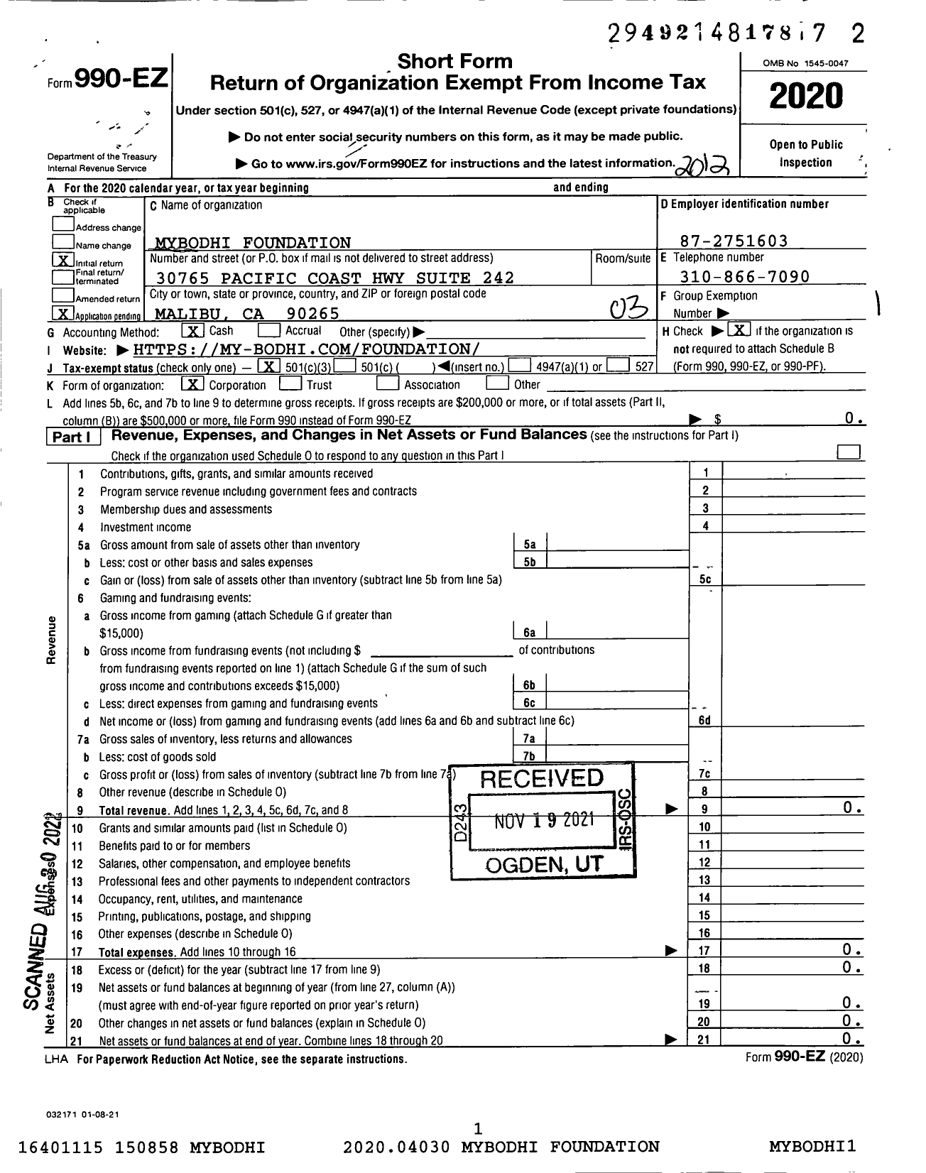 Image of first page of 2020 Form 990EZ for Mybodhi Foundation