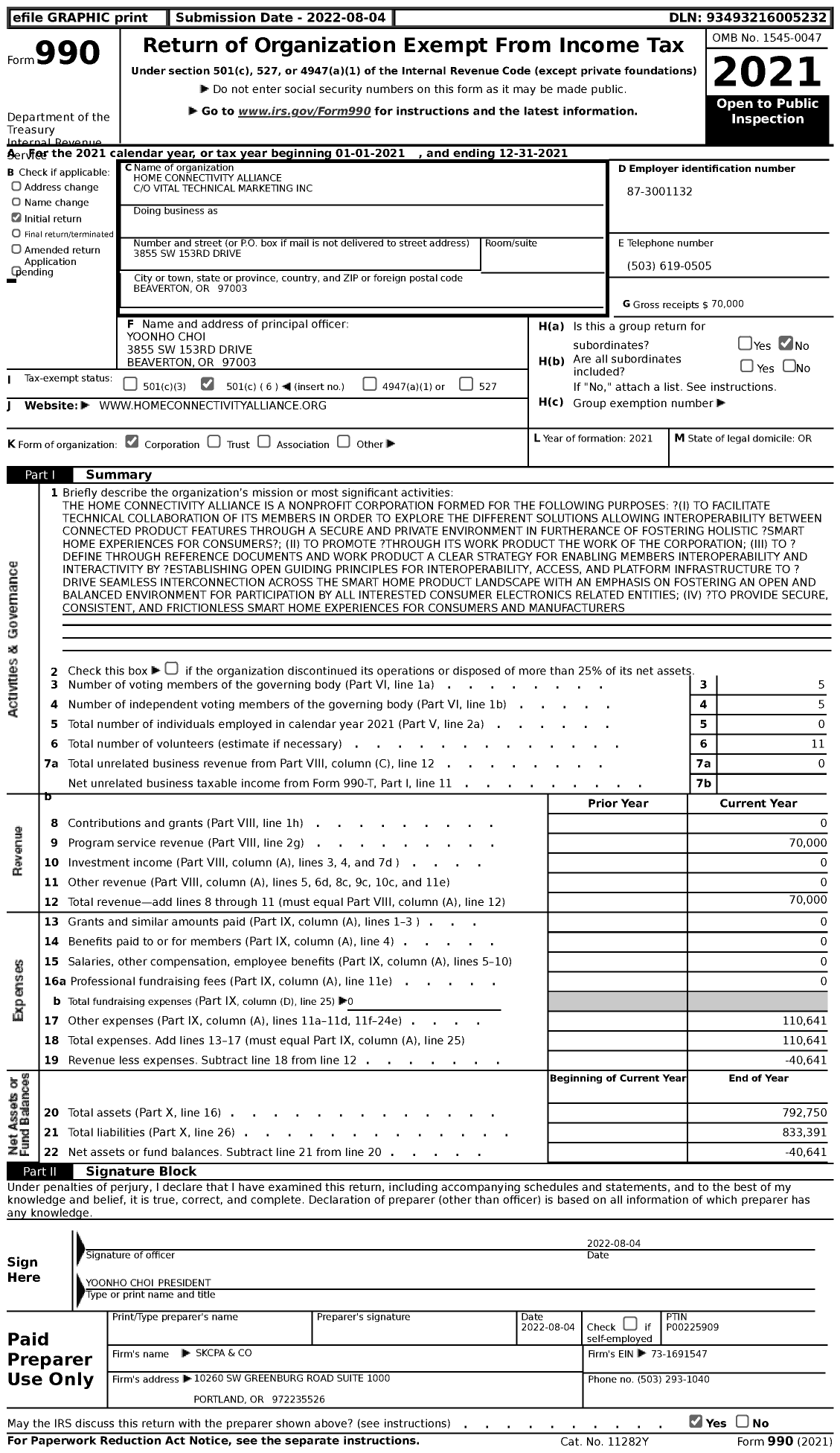 Image of first page of 2021 Form 990 for Home Connectivity Alliance