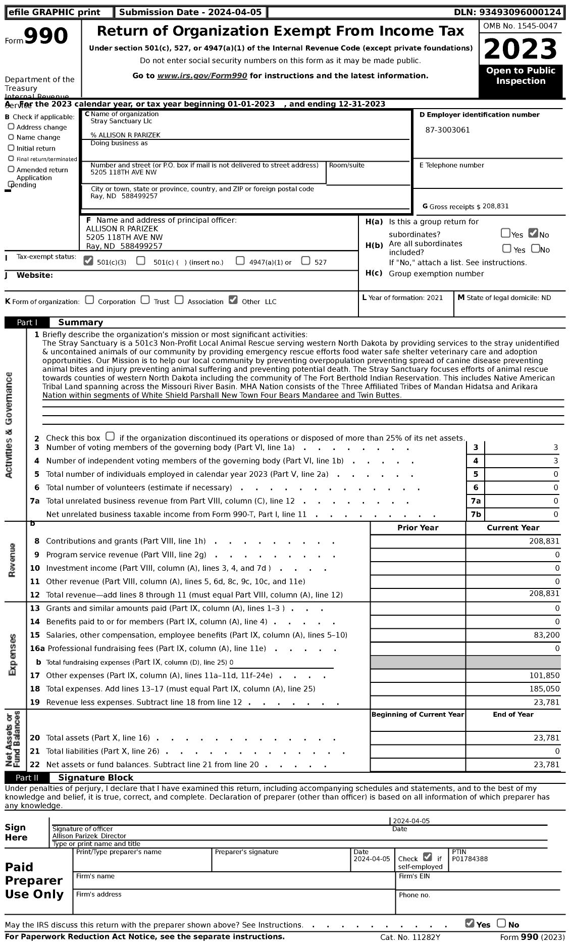 Image of first page of 2023 Form 990 for Stray Sanctuary Llc