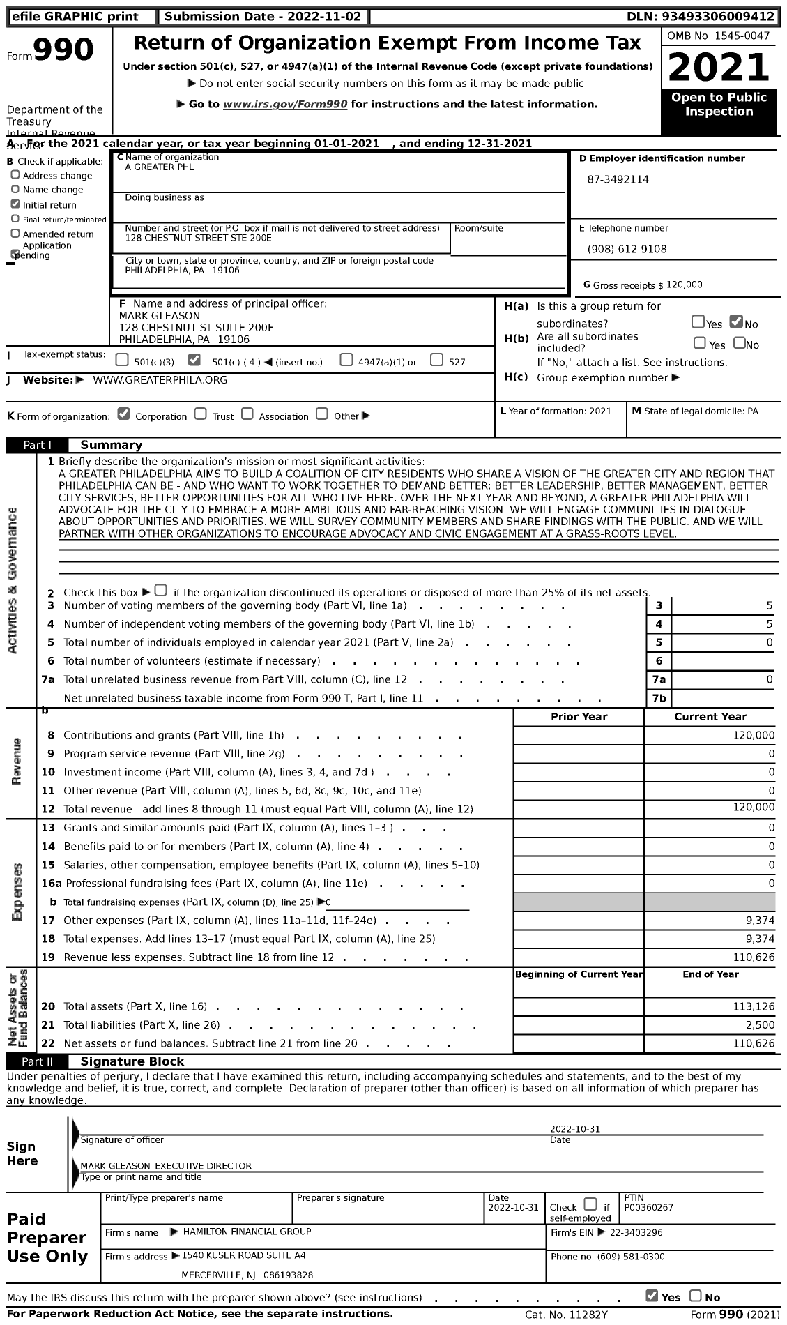 Image of first page of 2021 Form 990 for A Greater PHL